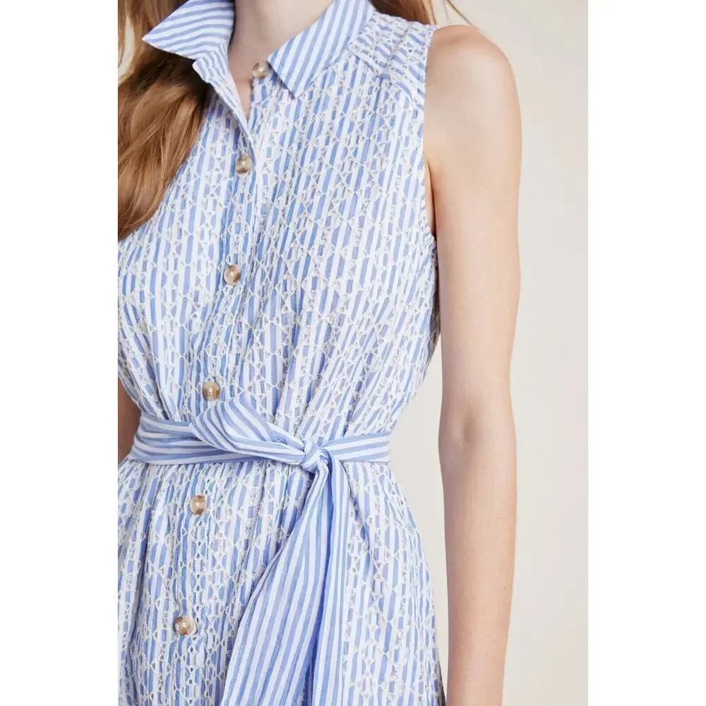 By Anthropologie Kismet Shirtdress Eyelet Lace Stripe Dress Anthro 12P 12 Petite - Picture 7 of 16